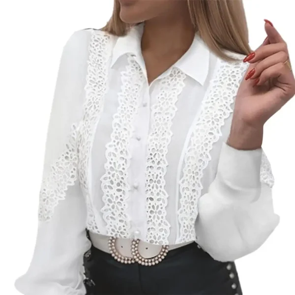 Blusa de renda com colarinho para senhoras, Hollow Out, renda floral, camisa patchwork com botão, top branco, elegante - Image 9