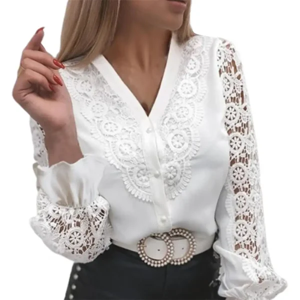 Blusa de renda com colarinho para senhoras, Hollow Out, renda floral, camisa patchwork com botão, top branco, elegante - Image 10