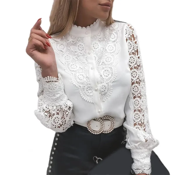 Blusa de renda com colarinho para senhoras, Hollow Out, renda floral, camisa patchwork com botão, top branco, elegante - Image 8