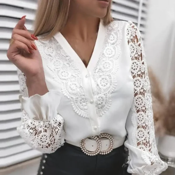 Blusa de renda com colarinho para senhoras, Hollow Out, renda floral, camisa patchwork com botão, top branco, elegante - Image 2