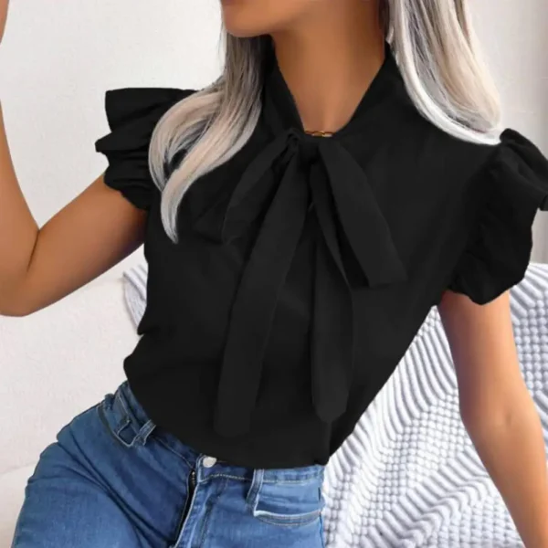 Camisa feminina com arco sólido manga curta elegante, moda verão, camisas com gola plissada, blusa fina, escritório, 2024 - Image 2