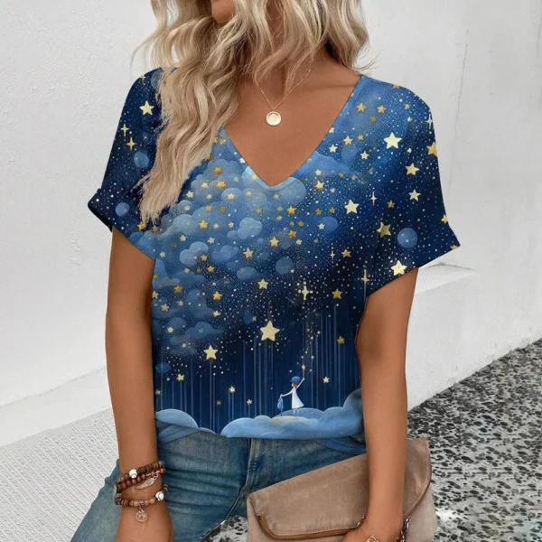 Camiseta estampada com padrão céu estrelado feminino, top leve diário, decote em v, manga curta, confortável, rua, grande, elegante