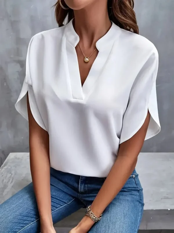 Camisa e blusa de meia manga com decote em v feminina, camisa sólida solta, pulôver elegante, tops casuais, camisas de escritório, moda, 2024 - Image 7