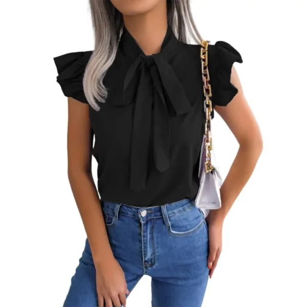 Camisa feminina com arco sólido manga curta elegante, moda verão, camisas com gola plissada, blusa fina, escritório, 2024 - Image 9