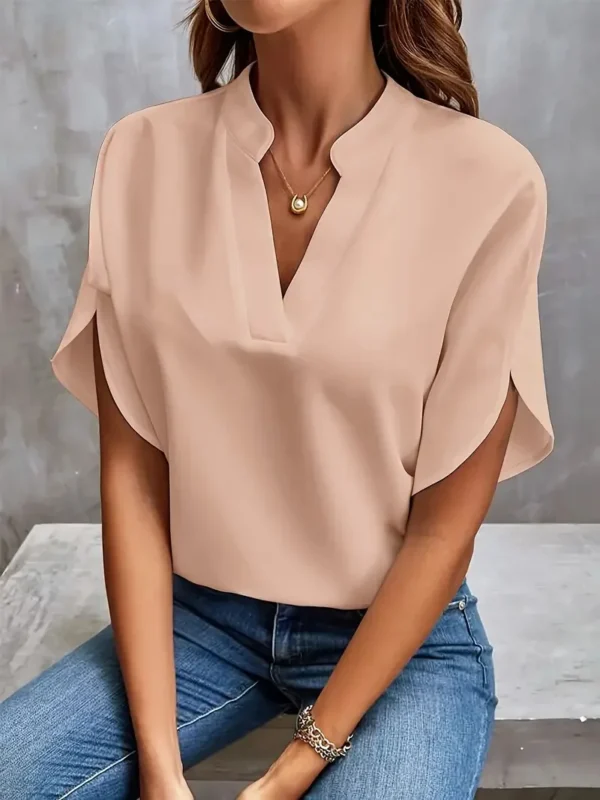 Camisa e blusa de meia manga com decote em v feminina, camisa sólida solta, pulôver elegante, tops casuais, camisas de escritório, moda, 2024 - Image 25