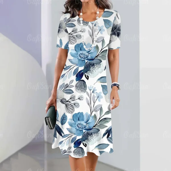 Vestido grande estampado floral feminino, vestido de manga curta, elegante roupa de fetiche, moda, verão, novo, 2024 - Image 4