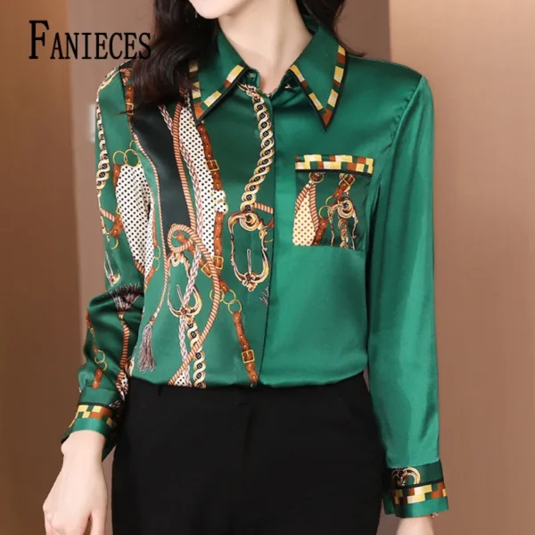 FANIECES-Camisa de cetim barroca para mulheres, tops vintage, manga longa, gola virada para baixo, camisa de botão, luxo, outono