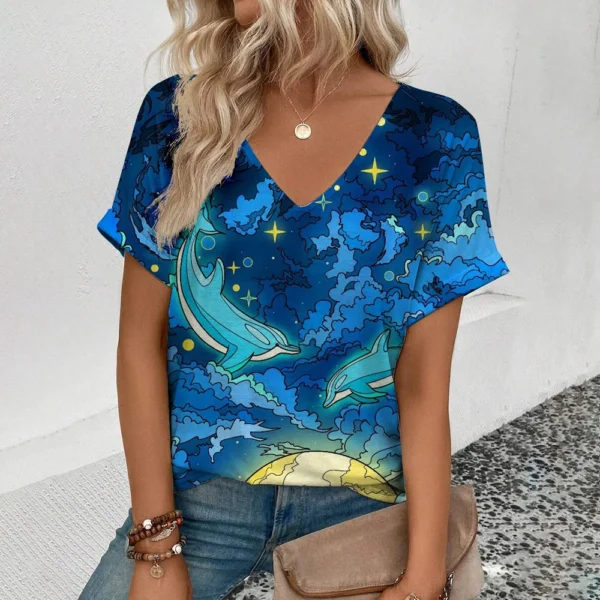 Camiseta estampada com padrão céu estrelado feminino, top leve diário, decote em v, manga curta, confortável, rua, grande, elegante - Image 3