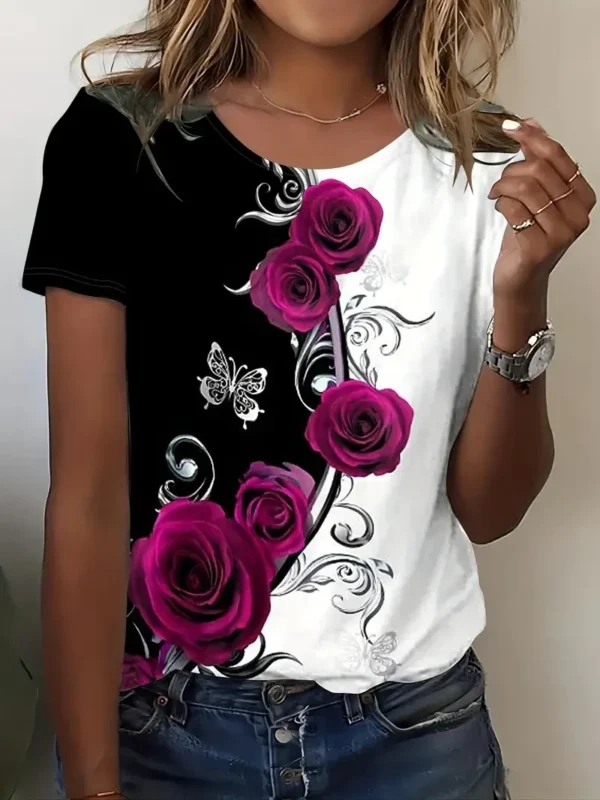 Camiseta feminina padrão rosa, bloqueio colorido impresso em 3D, gola redonda, blusa de manga curta, verão - Image 11