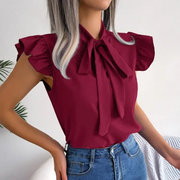 Camisa feminina com arco sólido manga curta elegante, moda verão, camisas com gola plissada, blusa fina, escritório, 2024 - Image 4