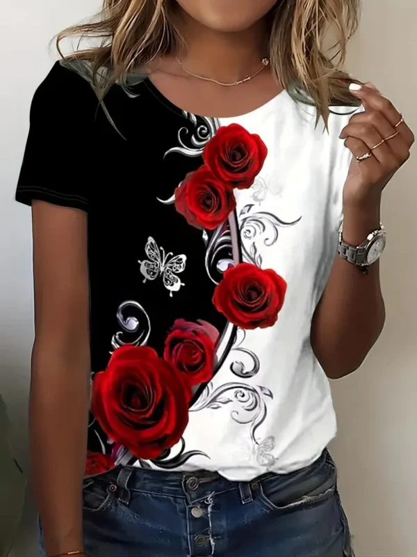 Camiseta feminina padrão rosa, bloqueio colorido impresso em 3D, gola redonda, blusa de manga curta, verão - Image 7