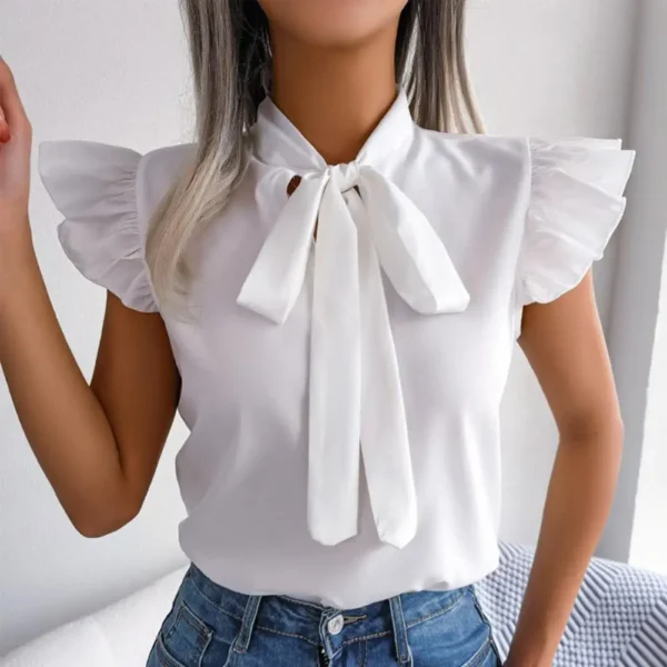 Camisa feminina com arco sólido manga curta elegante, moda verão, camisas com gola plissada, blusa fina, escritório, 2024 - Image 5