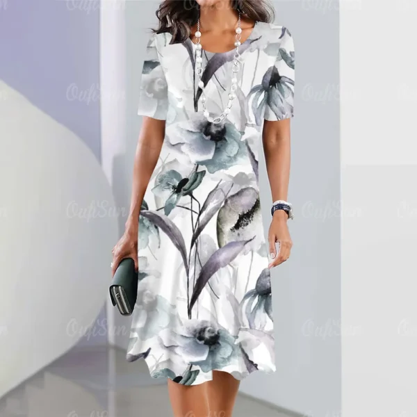 Vestido grande estampado floral feminino, vestido de manga curta, elegante roupa de fetiche, moda, verão, novo, 2024 - Image 2