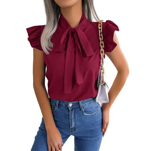 Camisa feminina com arco sólido manga curta elegante, moda verão, camisas com gola plissada, blusa fina, escritório, 2024 - Image 7