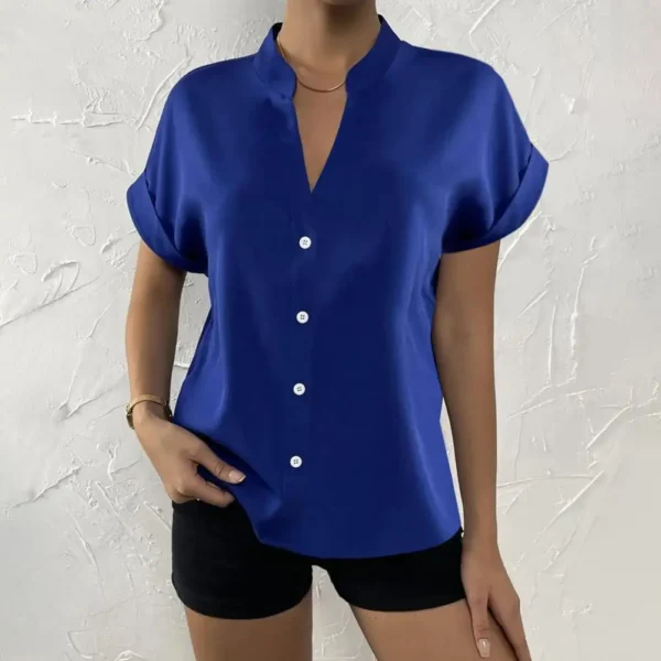 Camisa gola V para mulheres, gola alta, top de peito único, cor sólida, sedosa, suave, formal, empresarial, OL, estilo de viagem, blusa feminina - Image 3