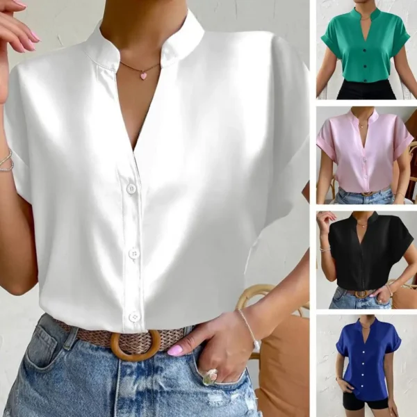 Camisa gola V para mulheres, gola alta, top de peito único, cor sólida, sedosa, suave, formal, empresarial, OL, estilo de viagem, blusa feminina - Image 5