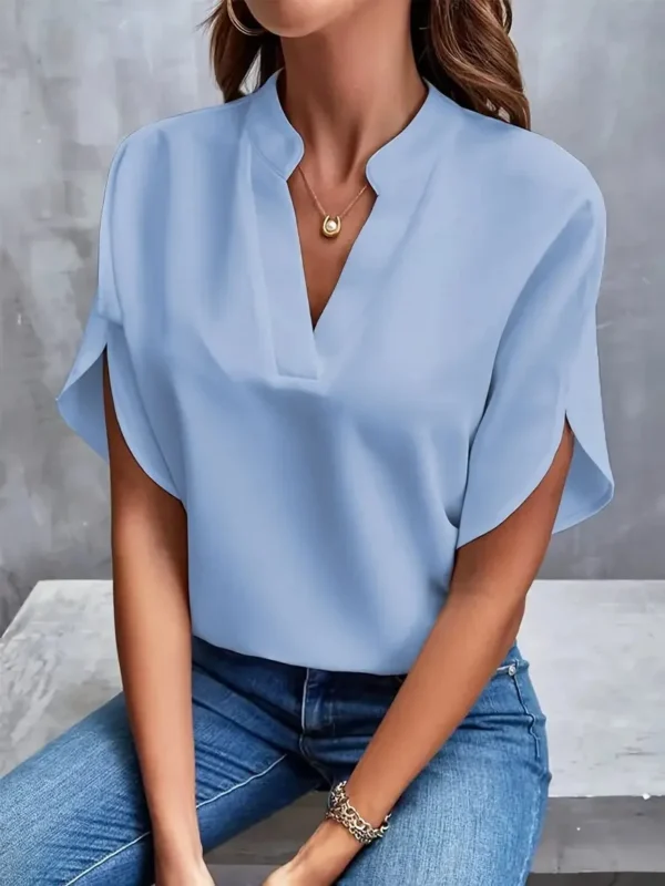 Camisa e blusa de meia manga com decote em v feminina, camisa sólida solta, pulôver elegante, tops casuais, camisas de escritório, moda, 2024 - Image 9