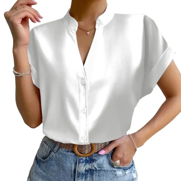 Camisa gola V para mulheres, gola alta, top de peito único, cor sólida, sedosa, suave, formal, empresarial, OL, estilo de viagem, blusa feminina - Image 11