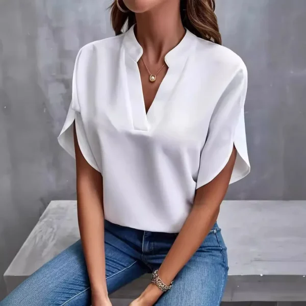 Camisa e blusa de meia manga com decote em v feminina, camisa sólida solta, pulôver elegante, tops casuais, camisas de escritório, moda, 2024 - Image 3