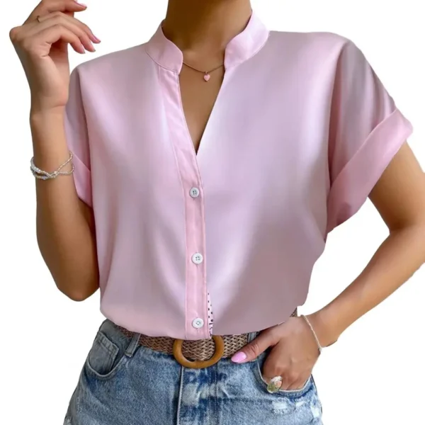 Camisa gola V para mulheres, gola alta, top de peito único, cor sólida, sedosa, suave, formal, empresarial, OL, estilo de viagem, blusa feminina - Image 9