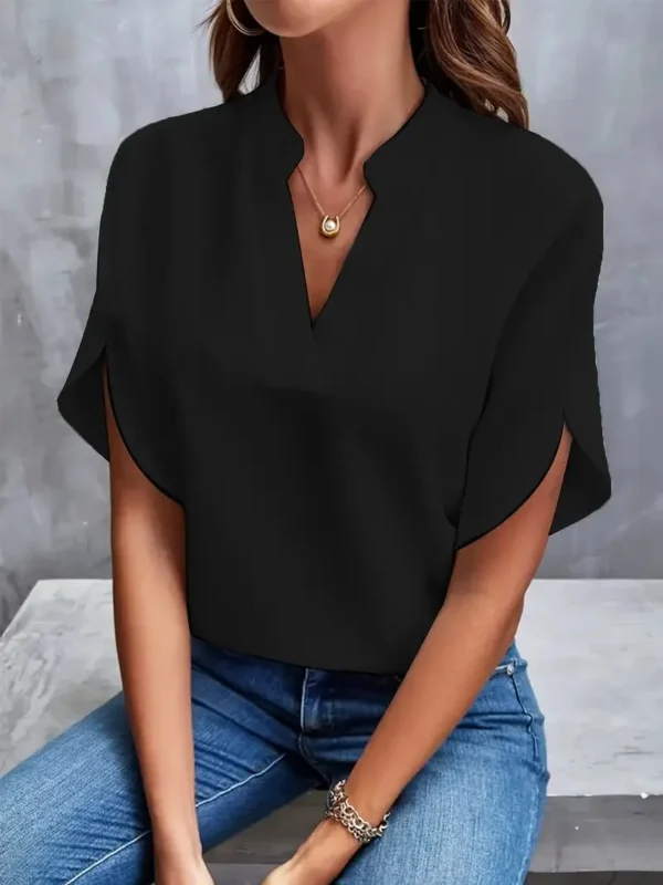 Camisa e blusa de meia manga com decote em v feminina, camisa sólida solta, pulôver elegante, tops casuais, camisas de escritório, moda, 2024 - Image 8