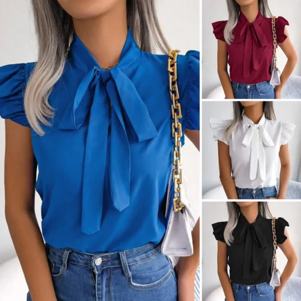 Camisa feminina com arco sólido manga curta elegante, moda verão, camisas com gola plissada, blusa fina, escritório, 2024 - Image 3