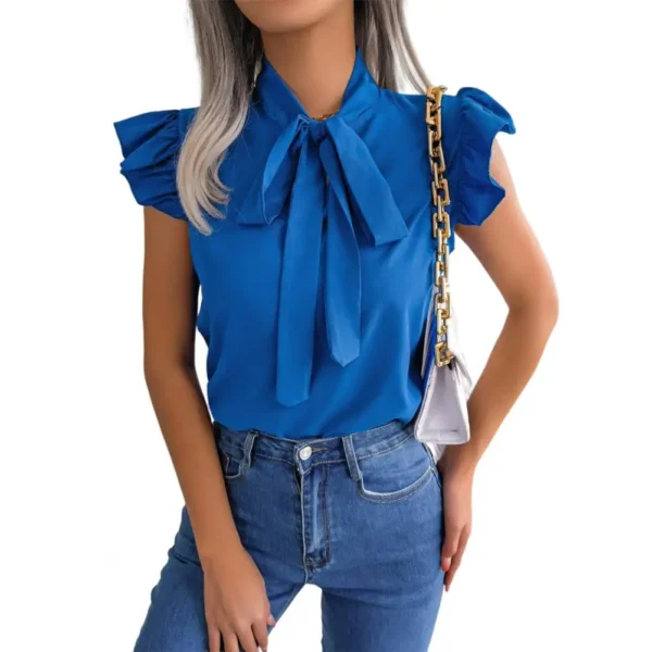 Camisa feminina com arco sólido manga curta elegante, moda verão, camisas com gola plissada, blusa fina, escritório, 2024 - Image 8