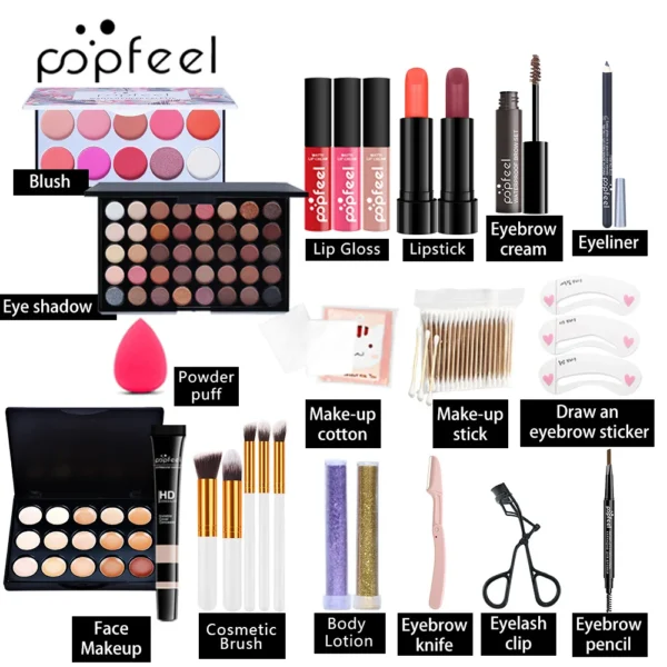 Tudo em um kit de maquiagem com paleta de sombra, base, brilho labial, pincéis blush, eyeline misturada cor colar, longa duração, gift set - Image 22